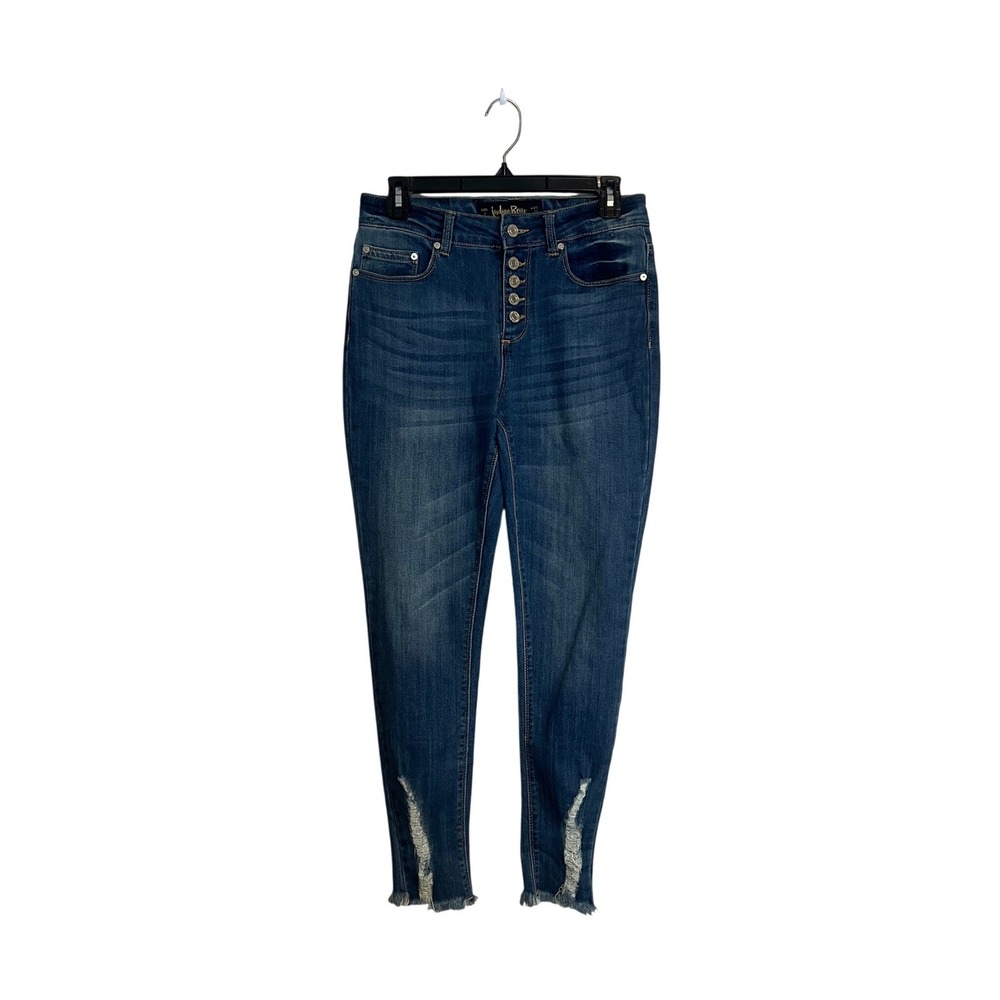 Indigo Rein Womens High Rise Button Fly Skinny Jeans Medium Wash Distressed 7